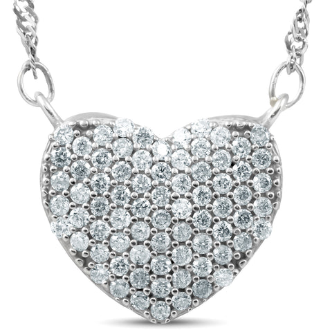G/SI 1ct Pave Real Diamond Heart Shape Pendant 14k White Gold 1/2" Tall
