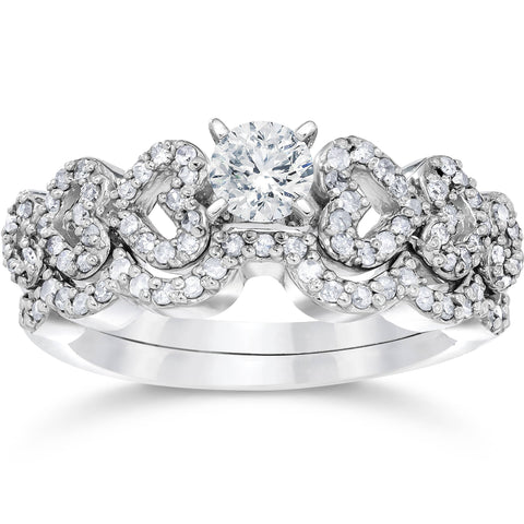 3/4ct Heart Shape Diamond Engagement Ring Set 14K White Gold