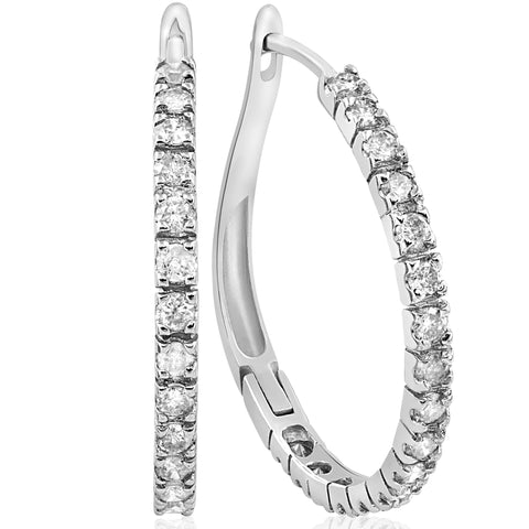1 Carat Natural Diamond Hoops White Gold 3/4" Tall