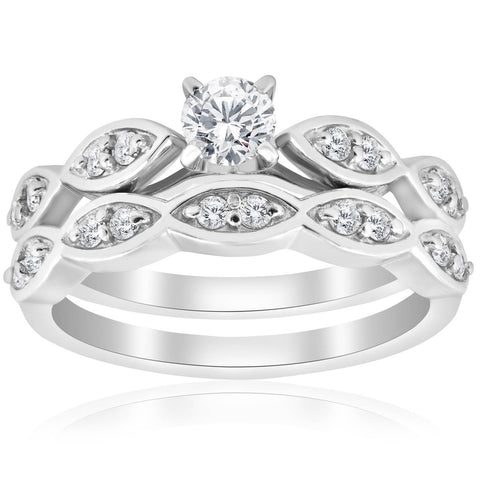 3/4ct Vintage Diamond Engagement Ring Matching Wedding Band Set 14K White Gold