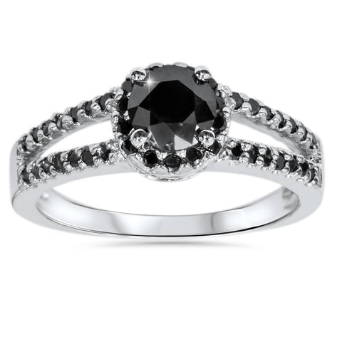 1 5/8ct Treated Black Diamond Pave Halo Engagement Ring 14K White Gold