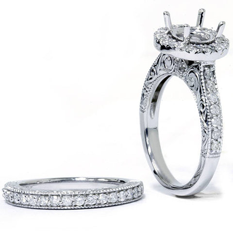 1ct Vintage Engagement Ring Set Semi Mount 14K White Gold