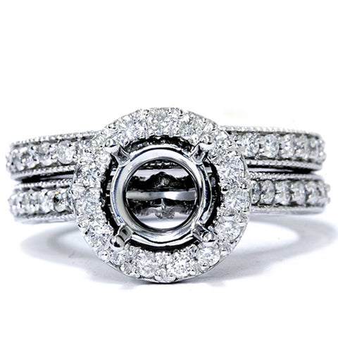 1ct Vintage Engagement Ring Set Semi Mount 14K White Gold