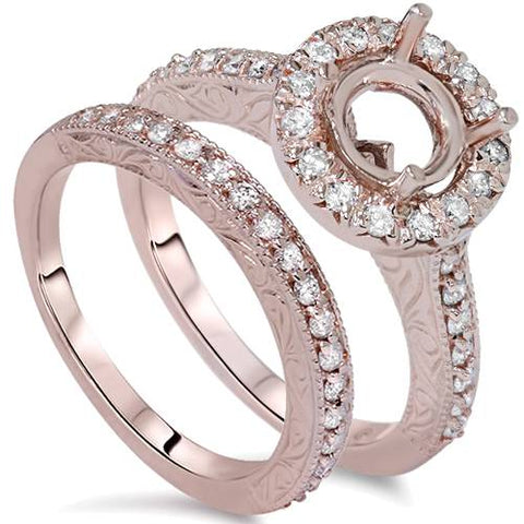 1ct Vintage Engagement Wedding Ring Semi Mount Set 14K Rose Gold