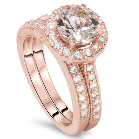 1 7/8CT Vintage Morganite & Diamond Engagement Wedding Ring Set 14K Rose Gold