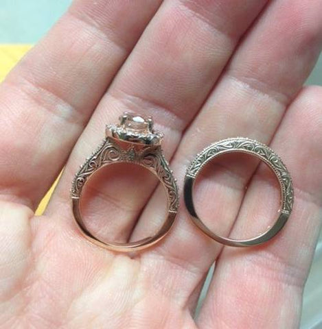 1 7/8CT Vintage Morganite & Diamond Engagement Wedding Ring Set 14K Rose Gold