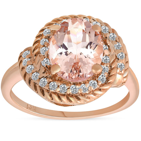 1 3/4ct Morganite Diamond Vintage Halo Engagement Anniversary Ring 14K Rose Gold