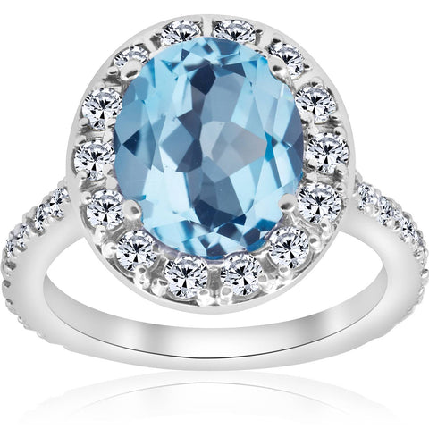 4 cttw Blue Topaz Diamond Halo Vintage Ring Engagement 14k White Gold