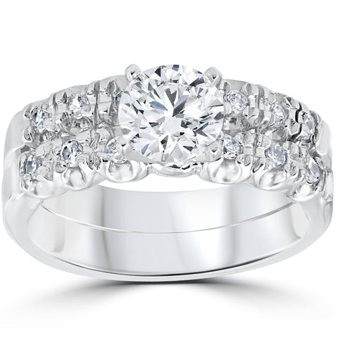 1 Carat Diamond Engagement Ring Matching Wedding Band Prong Set 14K White Gold