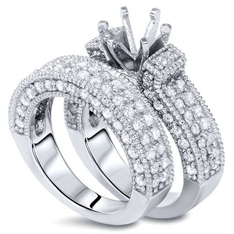 2ct Pave Diamond Engagement Mount Wedding Ring Set 14k White Gold Round Settting