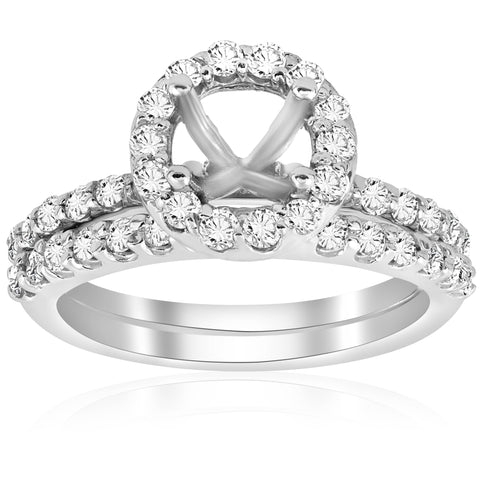 7/8ct Diamond Halo Engagement Ring Setting 14K White Gold Mounting Matching Band