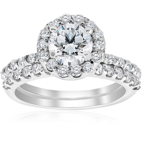 1 7/8ct Halo Diamond Engagment Ring Wedding Set (1ct Center) 14k White Gold