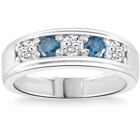 1 Ct T.W. Blue & White Diamond Mens Wedding Ring 5-Stone Anniversary White Gold