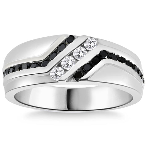 1 Ct TW Mens Black & White Diamond Wedding Band 10k White Gold Ring