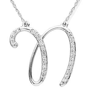 Diamond "N" Initial Pendant 18" Necklace 14K White Gold