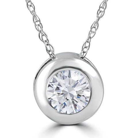 1/3 ct Round Cut Bezel Solitaire Diamond Pendant Necklace 14K White Gold