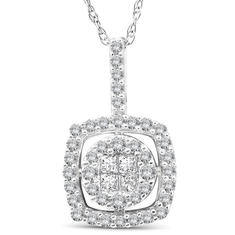 3/8 cttw Princess Cut Pave Diamond Halo Pendant White Gold 3/4" Tall Necklace