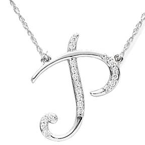 Diamond "P" Initial Pendant 18" Necklace 14K White Gold