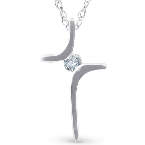 Diamond Cross Pendant Round Solitaire 10K White Gold Necklace