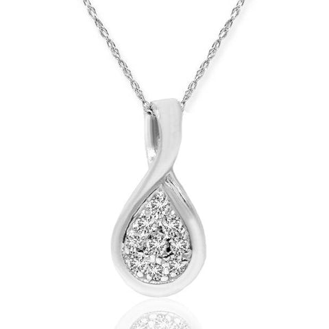 1/10ct Pave Tear Drop Solitaire Diamond Pendant 10K White Gold (3/5 inch tall)