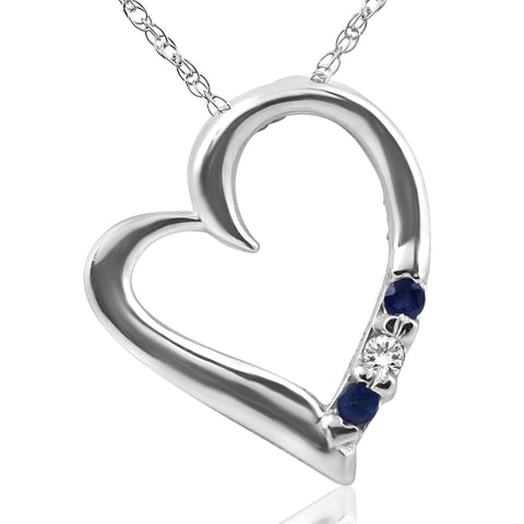 Diamond & Blue Sapphire Heart Pendant 3-Stone 14K White Gold with 18" Chain