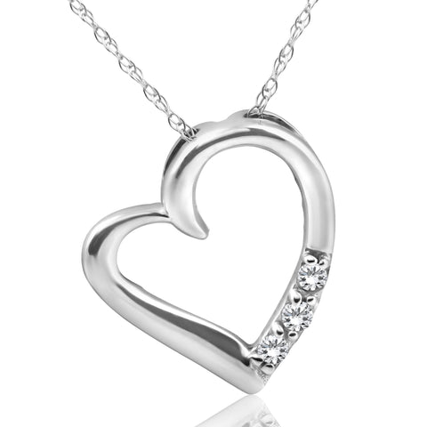 3 Round Brilliant Cut Diamond Heart Pendant Necklace 3-Stone 10K White Gold