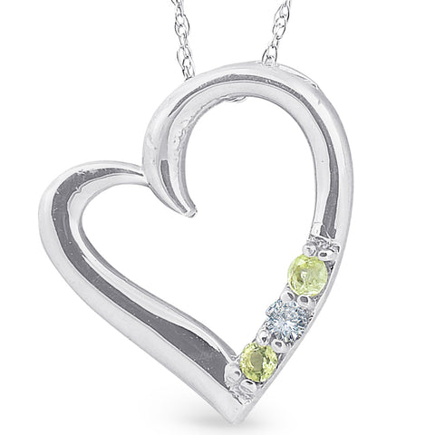 Diamond & Peridot Heart Pendant 3-Stone 10K White Gold with 18" Chain