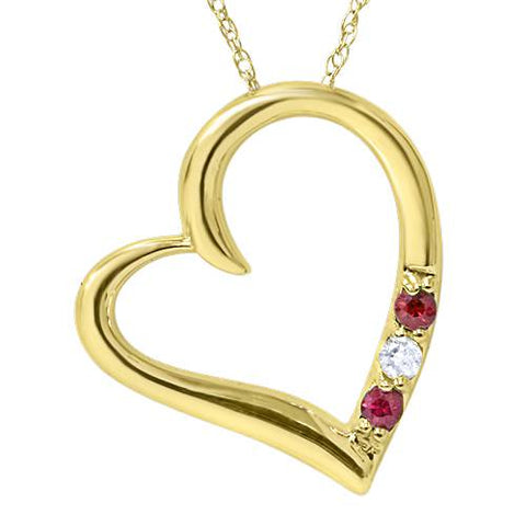 Diamond & Ruby Heart Pendant 3-Stone 10K Yellow Gold with 18" Chain