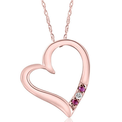 Diamond & Ruby Heart Pendant 3-Stone Rose Gold with 18" Chain