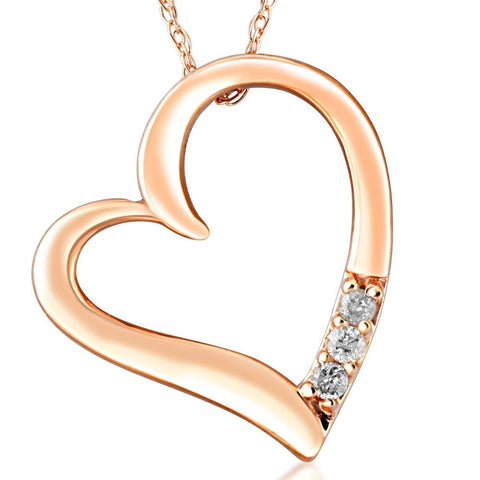 Diamond Heart Pendant Necklace 18" 3-Stone 10K Rose Gold