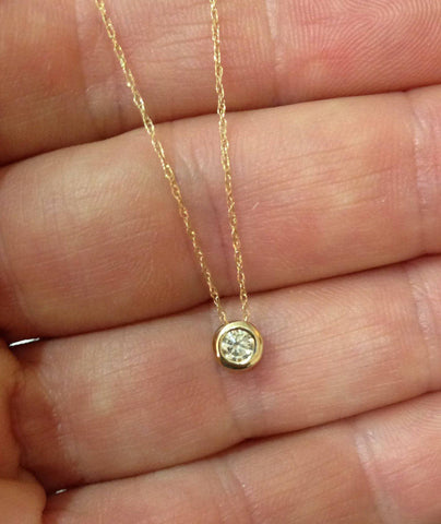 G/VS 14K Gold 1/4ct Round Lab Created Diamond Solitaire Bezel Pendant Necklace