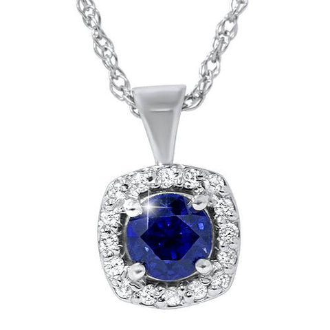 3/4ct Blue Sapphire & Diamond Halo Pendant 14K White Gold