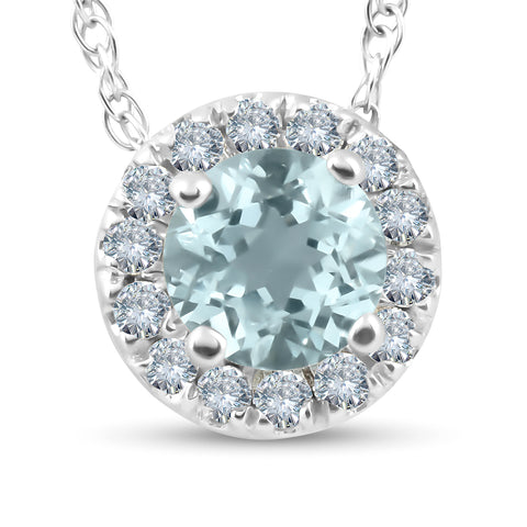 3/4ct Round Diamond & Aquamarine Halo Solitaire Pendant Necklace 14k White Gold