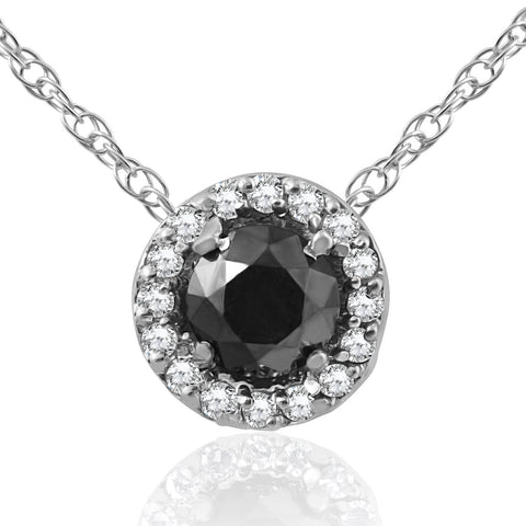 3/8 ct Black & White Diamond Pave Halo Solitaire Pendant Necklace 14K Whte Gold