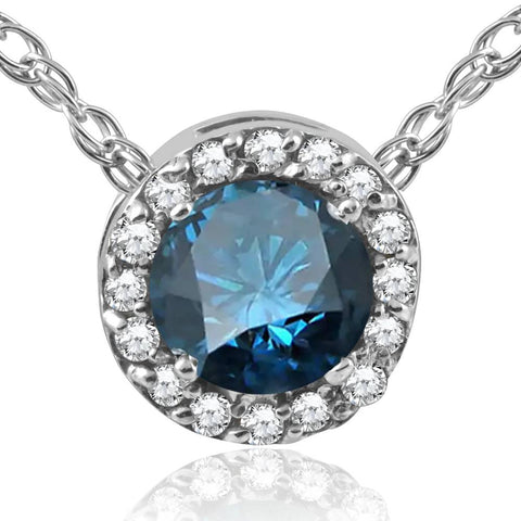 1/2ct Blue Diamond Pave Halo Pendant 14K White Gold Womens Necklace & 18" Chain
