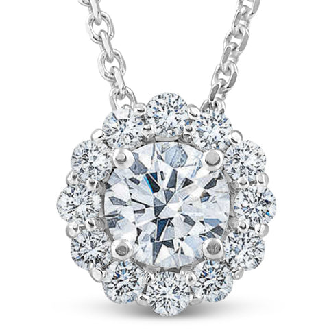 1 1/2 Ct Diamond (1ct center) Halo Pendant 14k White Gold Necklace