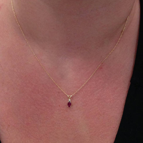 Oval Ruby & Diamond Solitaire Pendant 14 KT Yellow Gold With 18" Chain