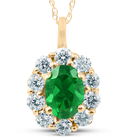1 3/4ct Emerald & Genuine Diamond Halo Pendant 14K Yellow Gold