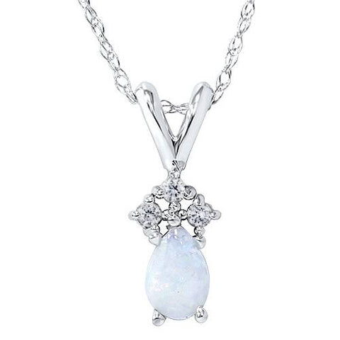 Pear Shape Opal & Diamond Solitaire Pendant 14K White Gold With 18" Chain