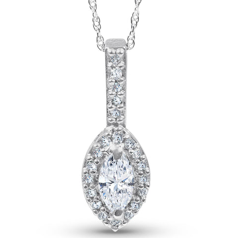 1/2CT Marquise Halo Pave Diamond Solitaire Pendant 14K White Gold