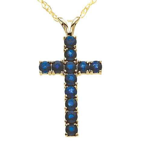 1 1/5 Ct Genuine Blue Sapphire Cross Pendant Necklace 18" Yellow Gold (1'' tall)