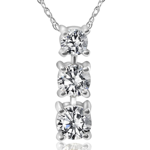 1/2 Ct 3-Stone Diamond Pendant Necklace 14k White Gold Chain