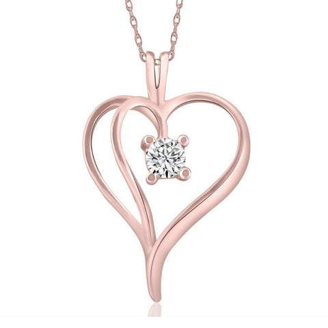 1/3Ct Solitaire Round Diamond Heart Pendant & Chain 10K Rose Gold 1" Tall