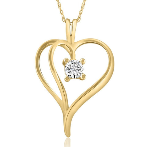 1/3 Ct Solitaire Round Diamond Heart Pendant & Chain 10K Yellow Gold 1" Tall