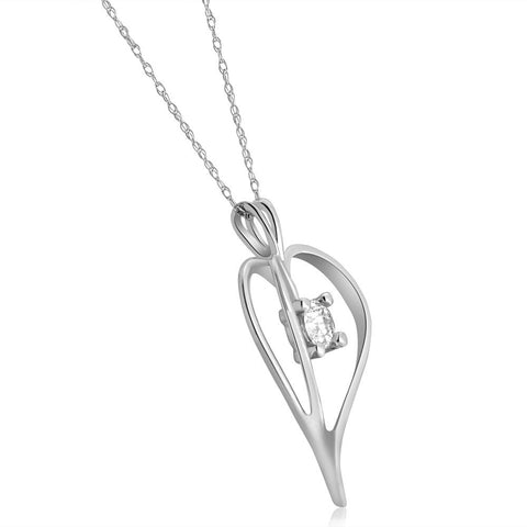 1/3Ct Solitaire Round Diamond Heart Pendant & Chain 10K White Gold 1" Tall