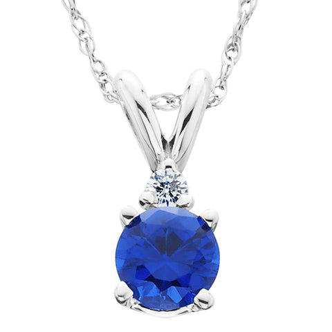 1/2Ct Synthetic Blue Sapphire & Natural Diamond Solitaire Pendant 14K White Gold