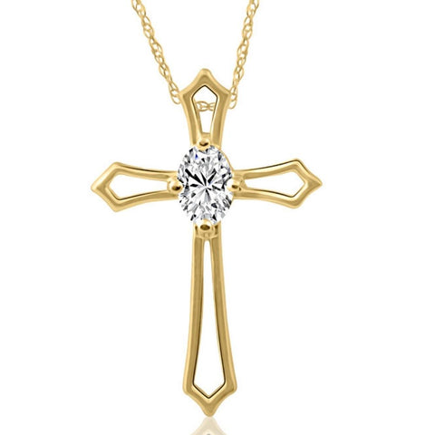 1/3 ct Oval Diamond Cross Solitaire Pendant Yellow Gold Necklace (1' tall)