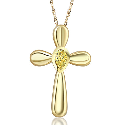 VVS 1/4ct Yellow Diamond Pear Shape Cross Pendant Lab Grown Yellow Gold Necklace