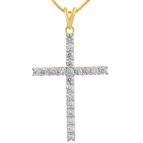 1Ct Yellow Gold Diamond Cross Pendant 10k Yellow Gold Necklace (3/4 inch tall)