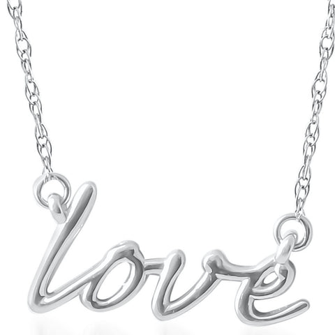 14K White Gold Love Script Pendant Necklace With 18" 14K White Gold Chain